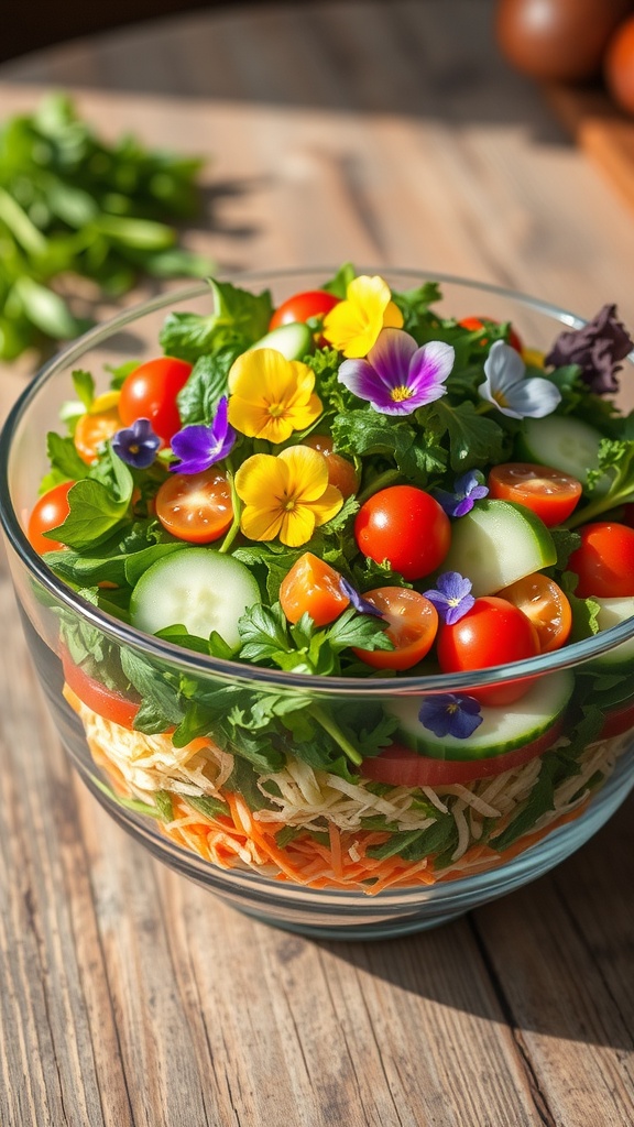 Creative Salad Decoration Ideas A vibrant salad with mixed greens, cherry tomatoes, cucumbers, and edible flowers in a glass bowl on a rustic table.